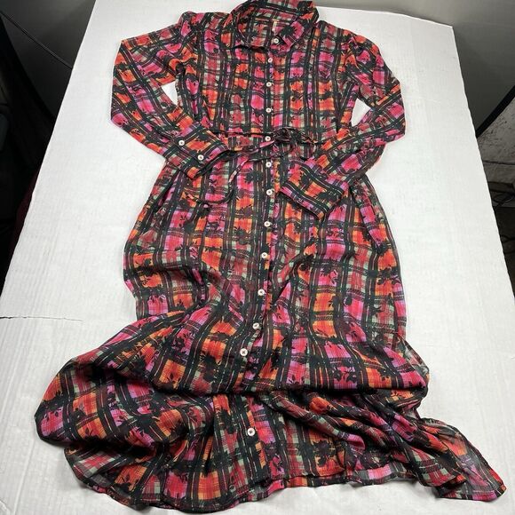 Free People Dresses & Skirts - Free People Jerra Maxi Shirt Dress Plaid Punk Button Down Sheer Waist Tie MEDIUM
